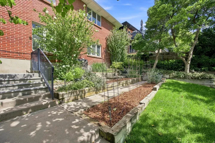 Backyard featuring garden beds and a grassy area.