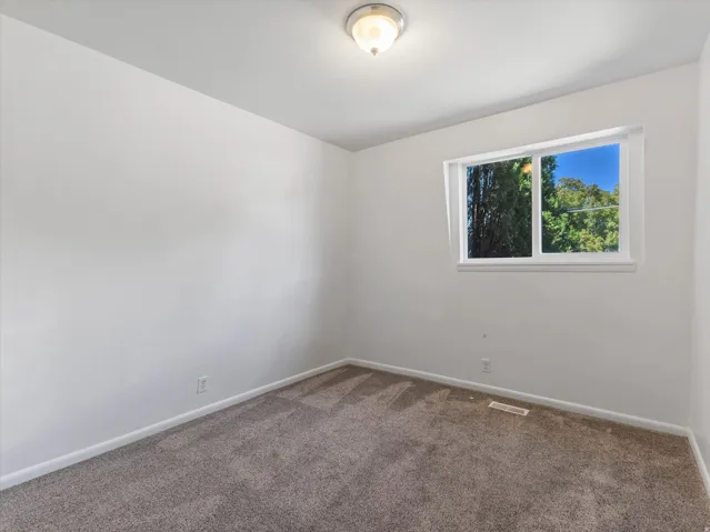 White walls, carpeted flooring, and a single window