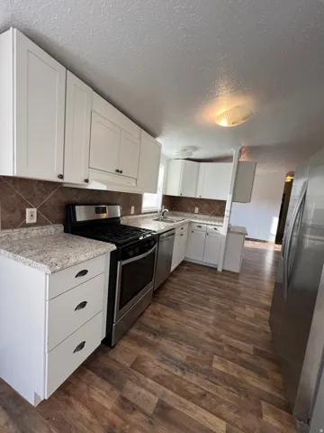 Kitchen featuring white cabinetry, wood-finish flooring, stainless steel appliances, speckled countertops, and a tiled backsplash