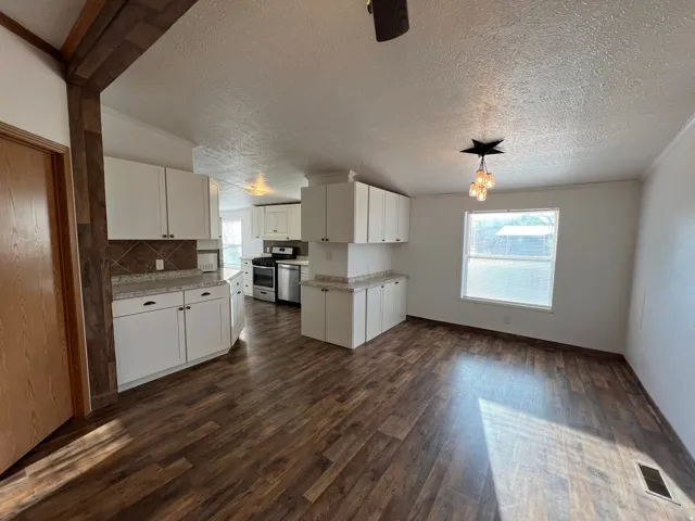 Wood-finish flooring throughout, white cabinetry, tile backsplash, and a modern ceiling fixture