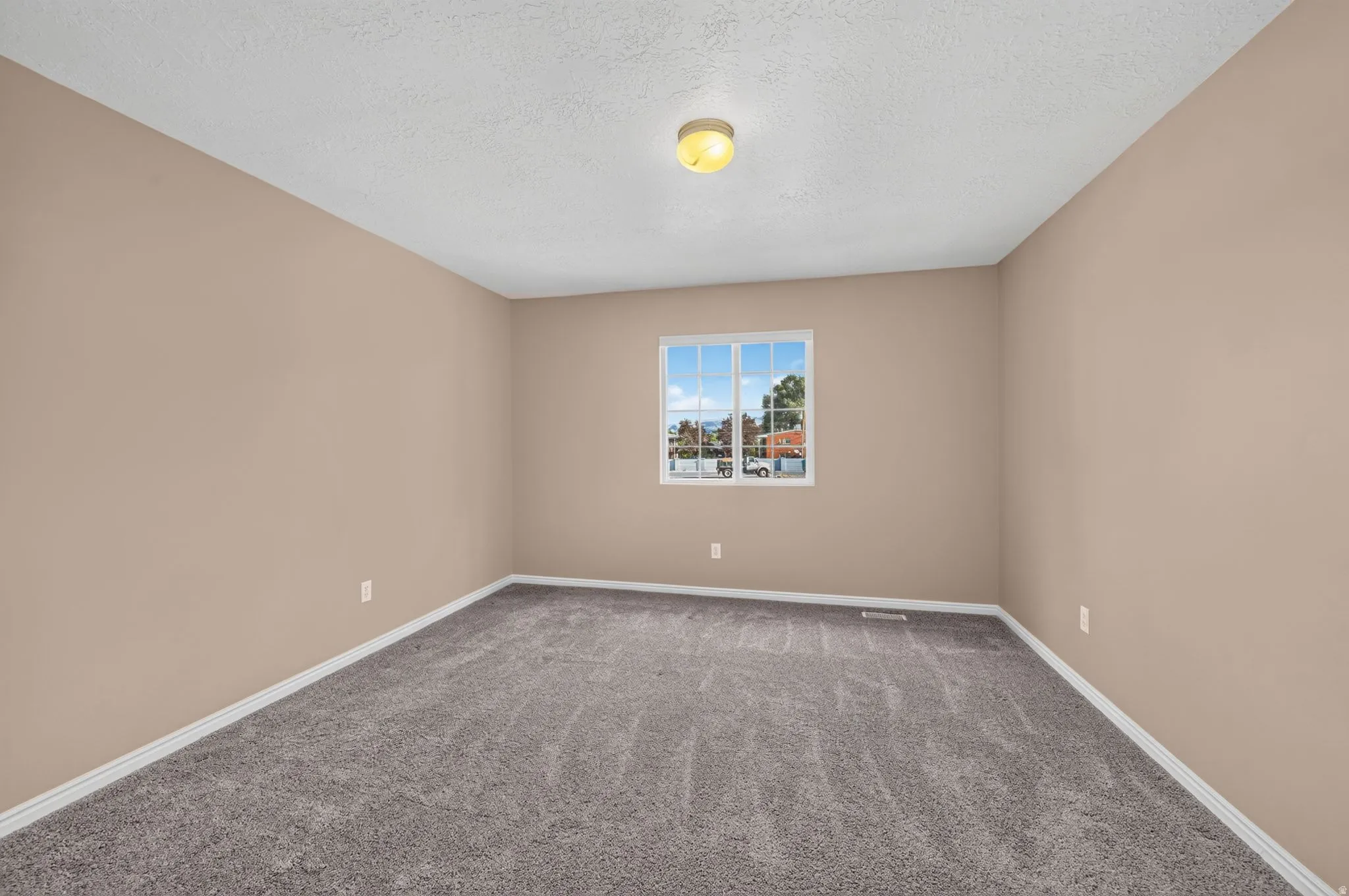 Neutral-toned walls complement the gray carpeting