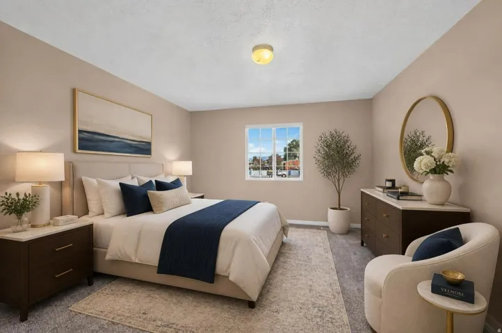 Recessed lighting, window with exterior scenery, and carpeted flooring