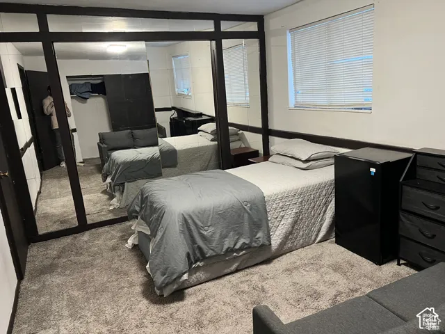 Wall-to-wall carpeting and a window with horizontal blinds