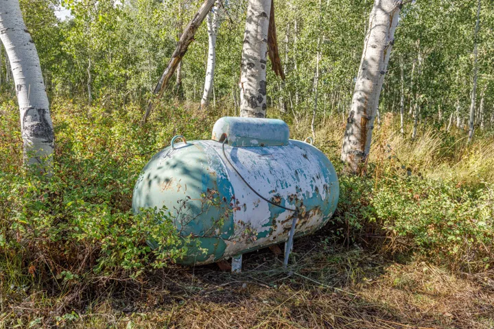 Propane tank on a natural, wooded lot with mature trees