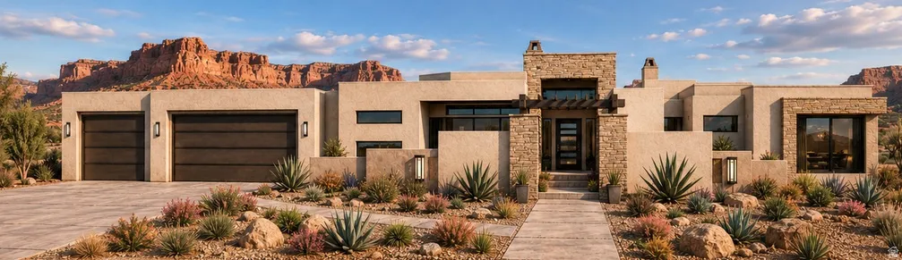 Conceptual rendering:  Stucco exterior with stone accents, a multi-pane entry door, and a pergola over the entrance