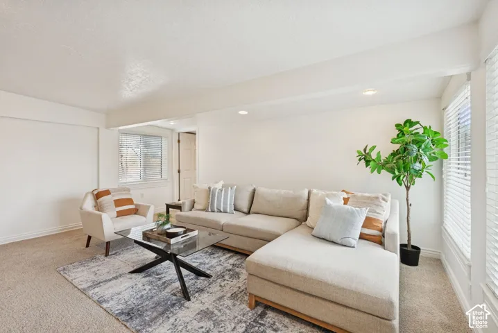 Recessed lighting, white walls, carpeted flooring, and window blinds