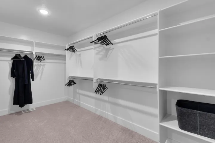 Recessed ceiling lighting, white closet shelving, multiple chrome hanging rods, and neutral carpet flooring