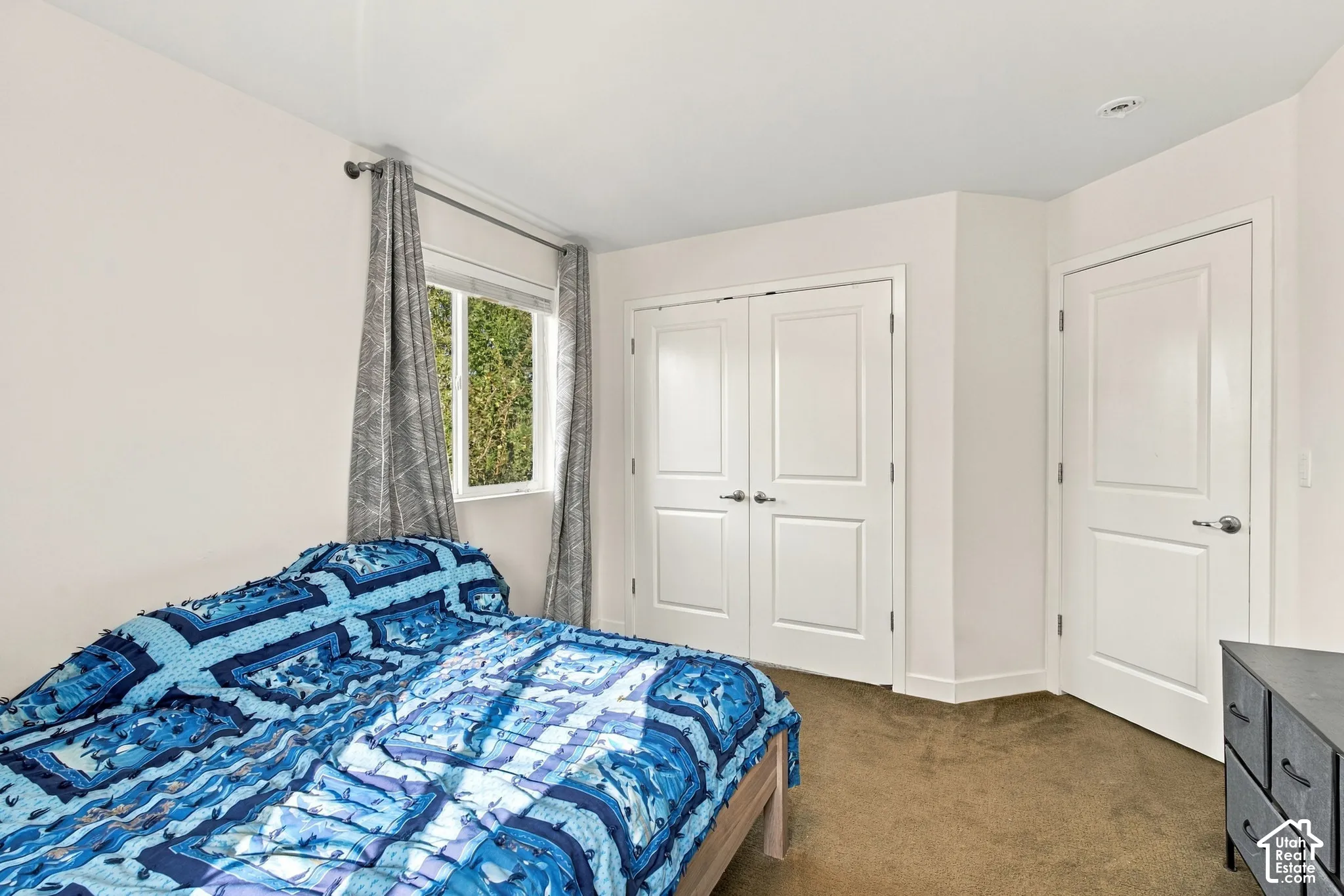 Neutral wall paint, recessed lighting, white interior doors, and warm-toned carpet flooring