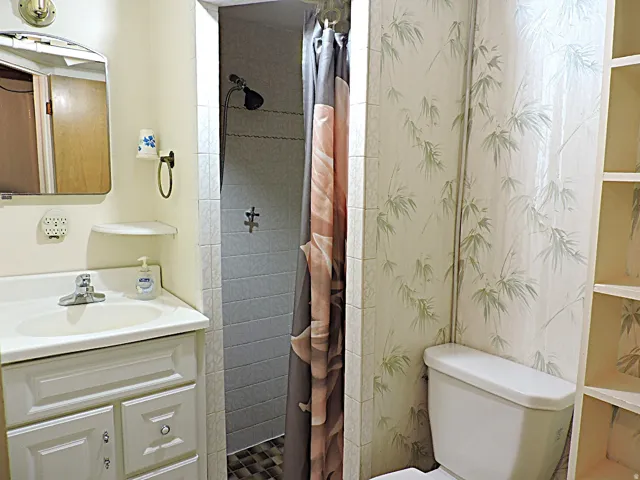 Vanity with integrated sink, wall-mounted mirror, tiled shower enclosure, and built-in shelving