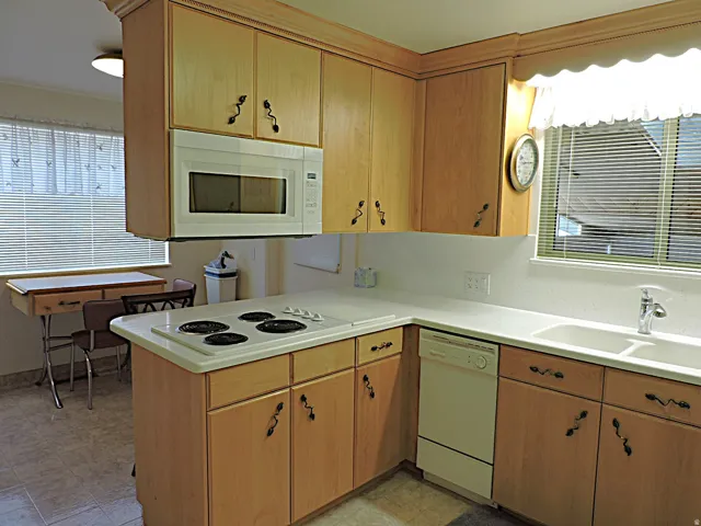 Wood-finish cabinetry with decorative hardware, white solid surface countertops, white dual-basin sink with stainless steel faucet, and a built-in electric stovetop
