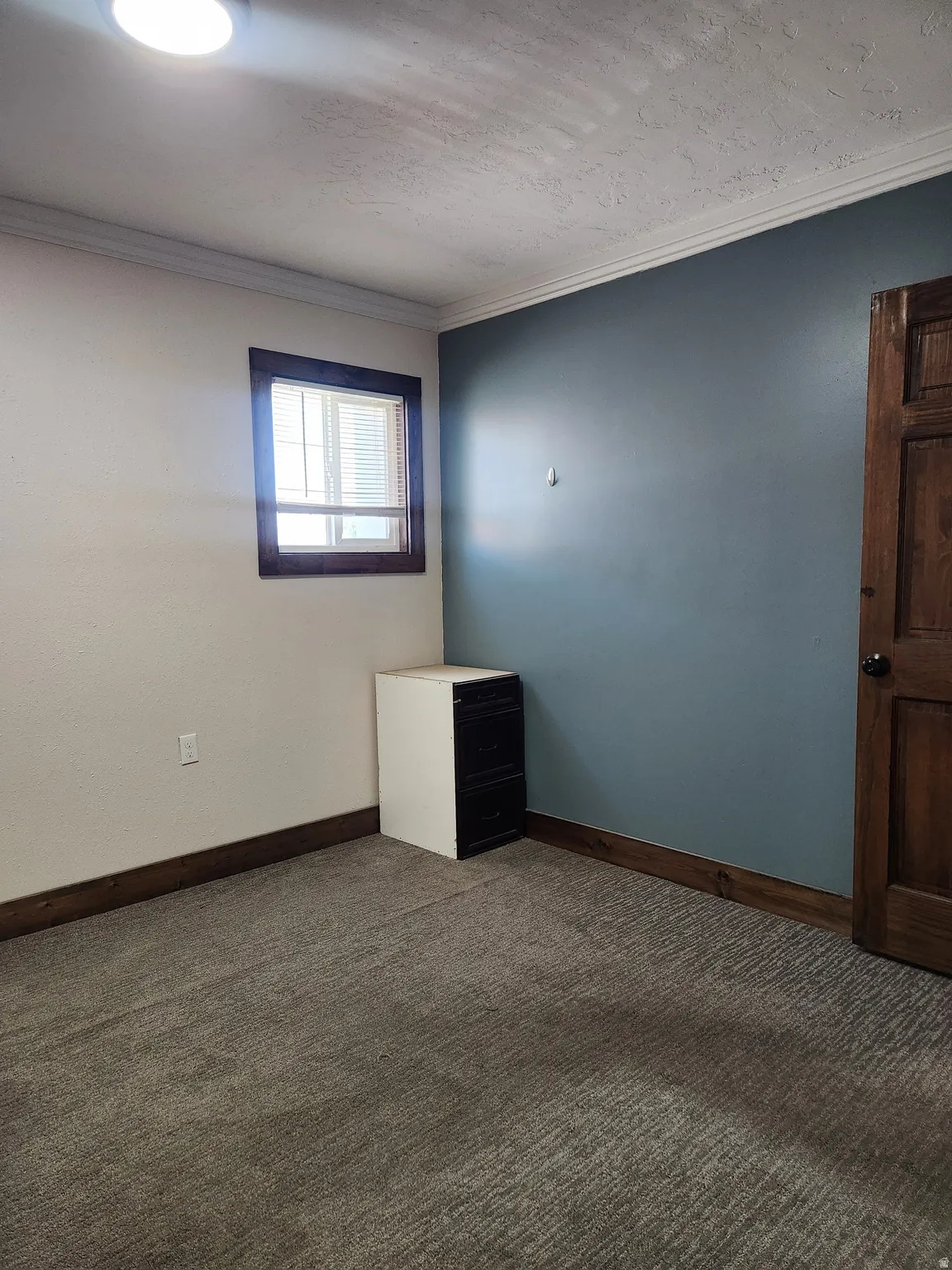 Carpeted flooring, wood trim, crown molding, wood panel door, and recessed lighting