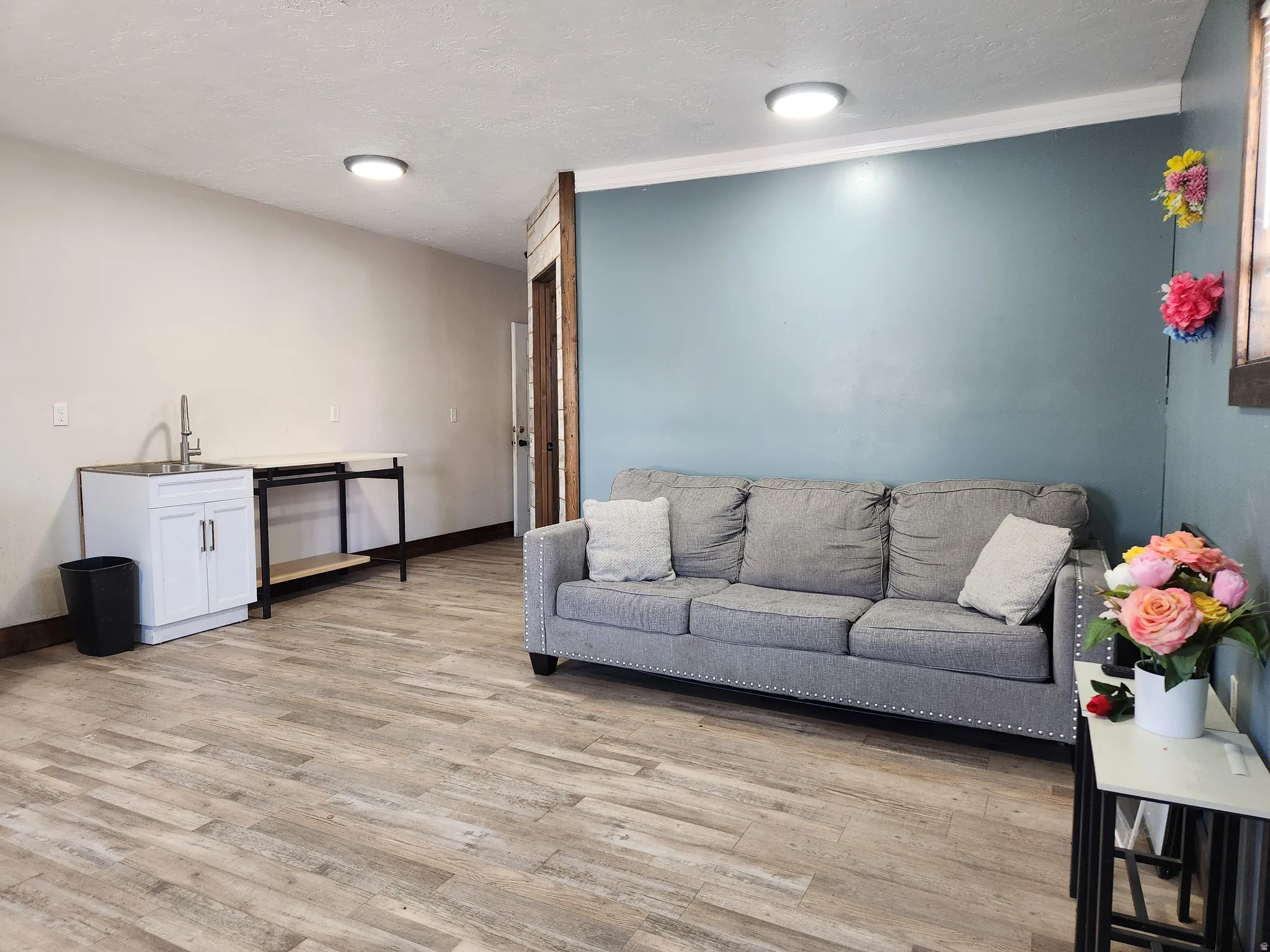 Wood-finish flooring, accent wall, built-in cabinetry, sink with faucet, and ceiling-mounted lighting