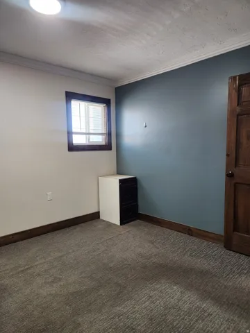 Carpeted flooring, wood trim, crown molding, wood panel door, and recessed lighting