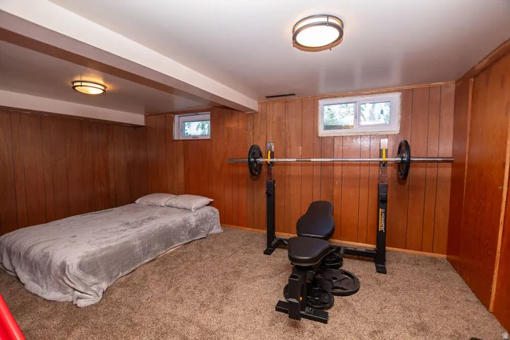 Wood-paneled walls and brown carpeting