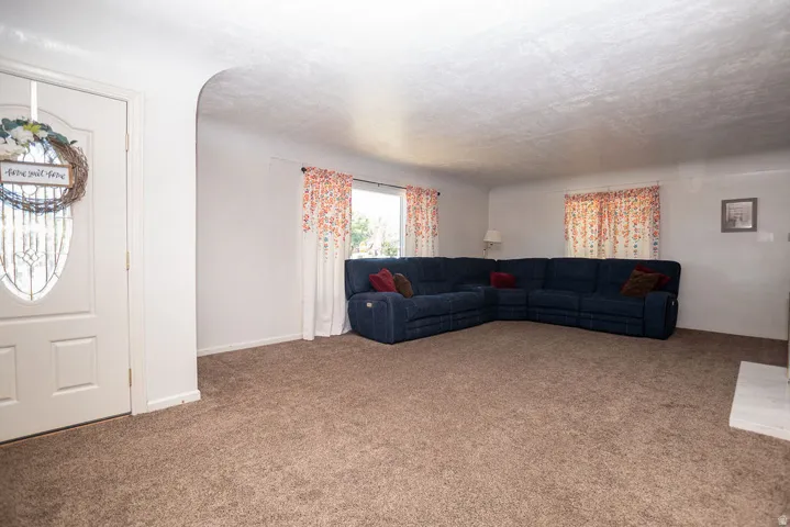 Arched entryway leading to a carpeted living space with a front door featuring a decorative glass insert