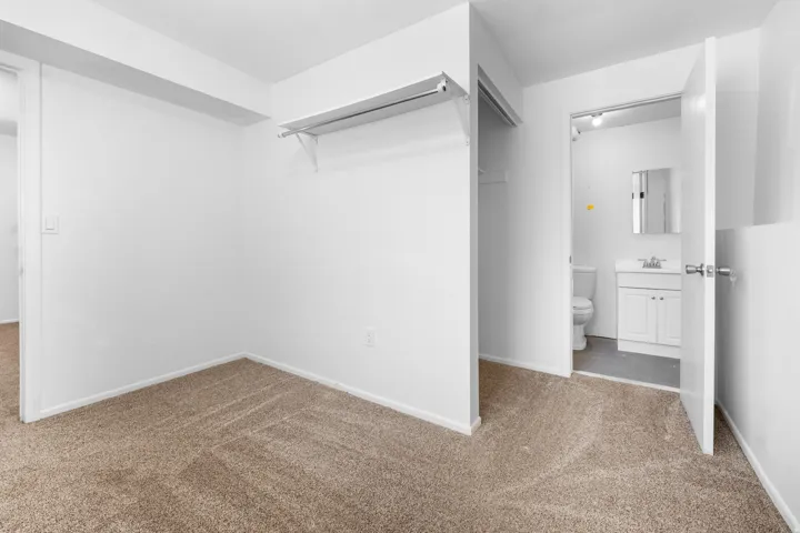 Plush carpeting throughout, dedicated closet space with built-in shelving, white painted walls, and a half bathroom with a vanity and mirror