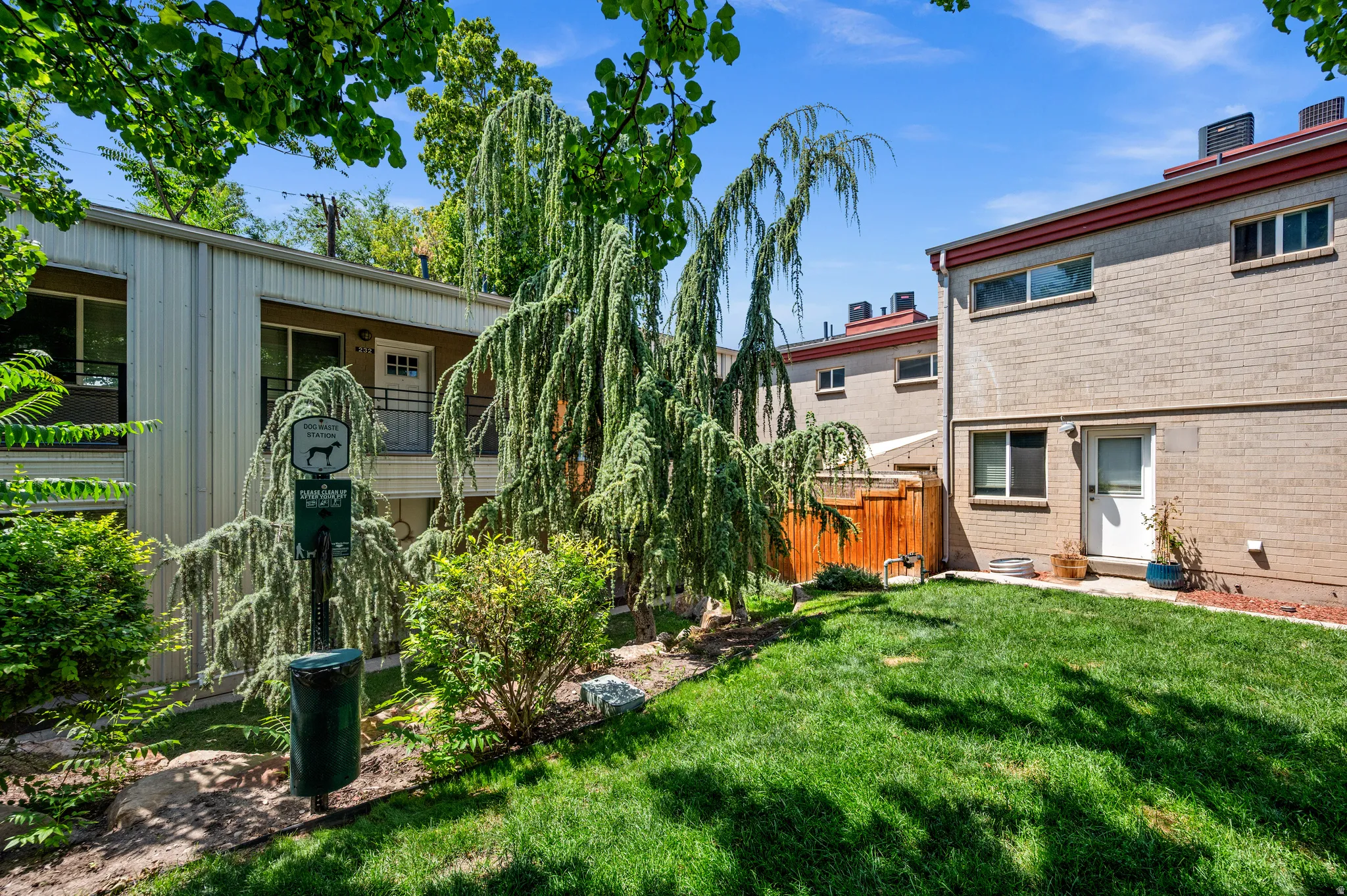 Lush green lawn with mature trees and established landscaping