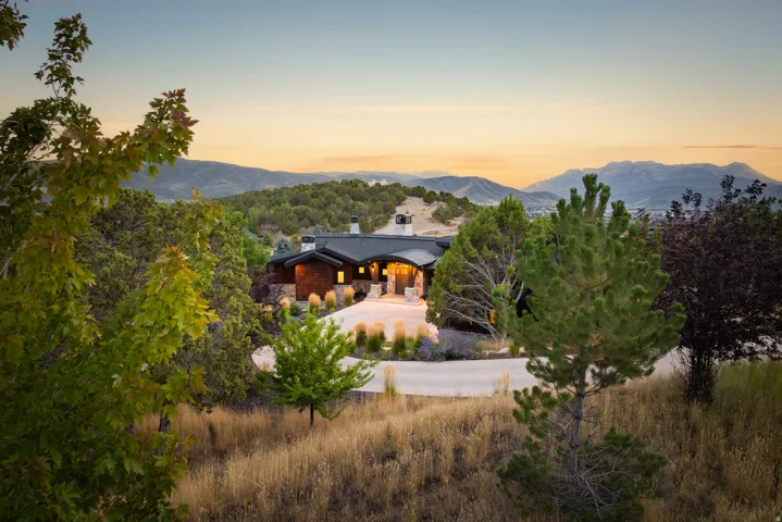 Mountainous landscape with a contemporary residence featuring a curved concrete driveway, exterior stone accents, and a dark shingle roof