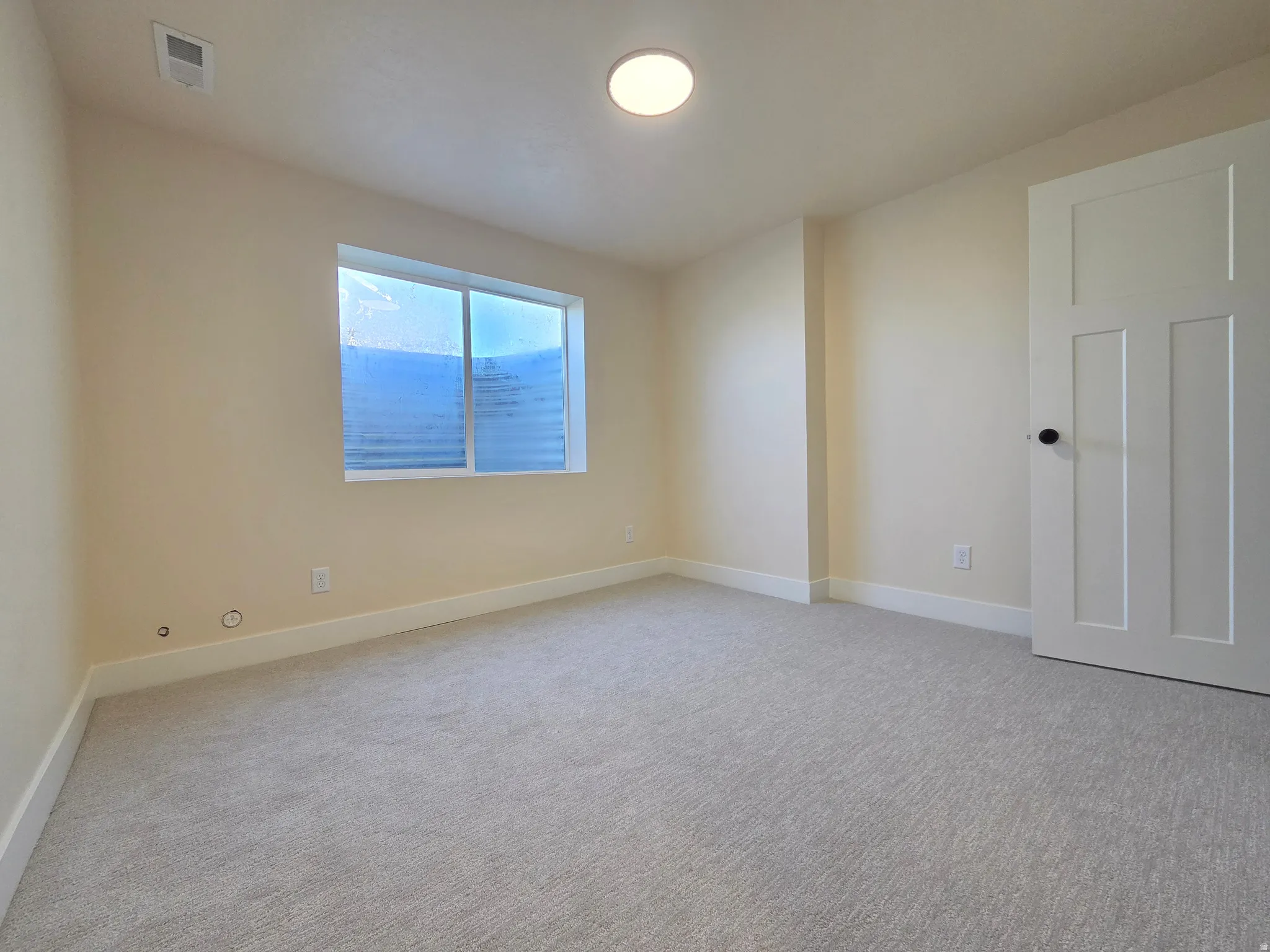 Light neutral wall paint, white trim, light gray carpeting, and a white paneled door with a black handle