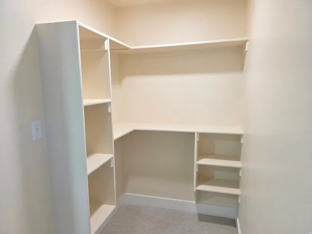 Built-in shelving with multiple levels, integrated hanging rods, and carpet flooring
