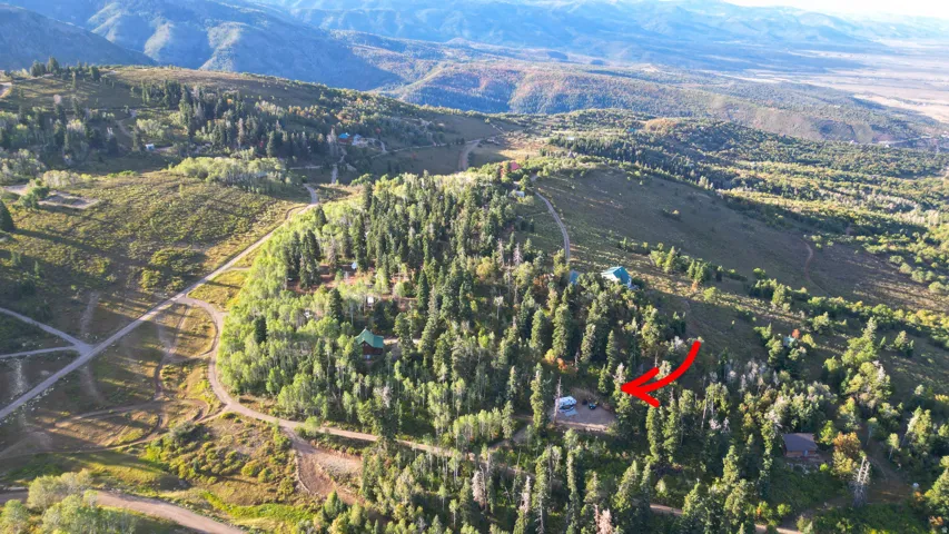 Mountainous terrain with dense tree coverage and surrounding undeveloped land