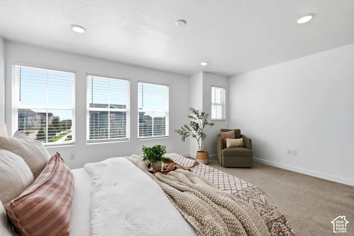 large primary suite with recessed ceiling lighting, tons of windows and neutral carpeting