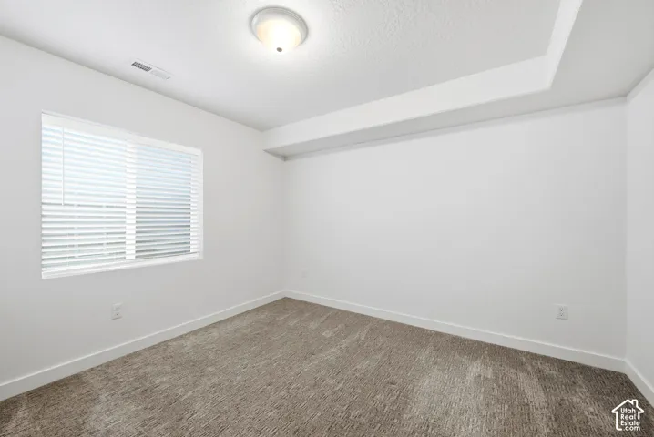 Neutral-toned carpeting, white walls, recessed window with blinds, and ceiling-mounted flush light fixture