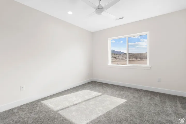 Plush gray carpeting, white walls, white trim, recessed lighting, and a ceiling fan with light fixture