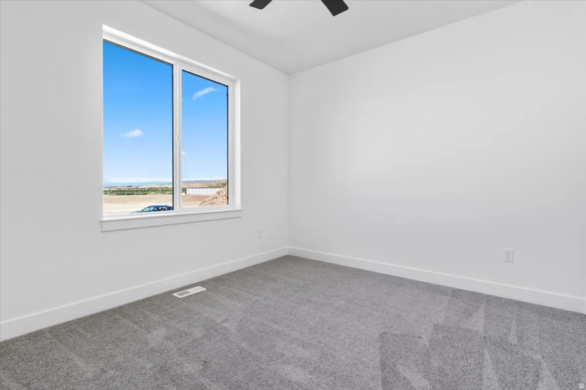 Double-pane window, ceiling fan, neutral wall paint, white trim, and gray carpet