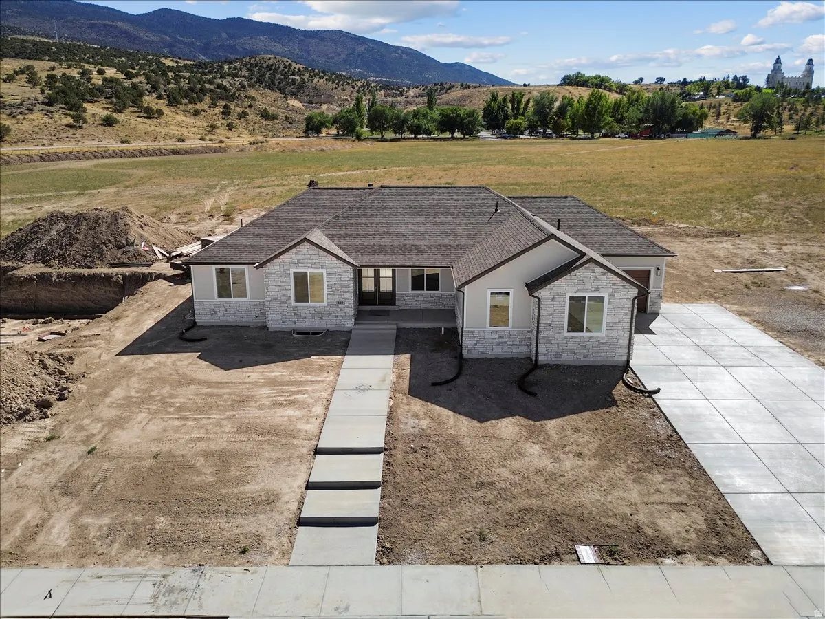Stone and stucco exterior with a dark shingle roof, concrete driveway, and a stepped concrete walkway