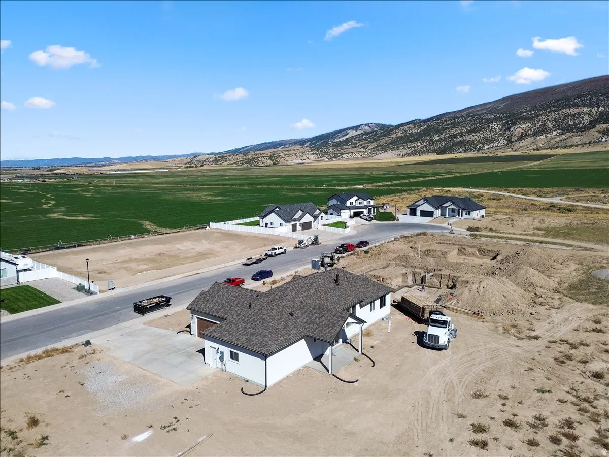 White exterior with dark roof, concrete driveway, and attached garage