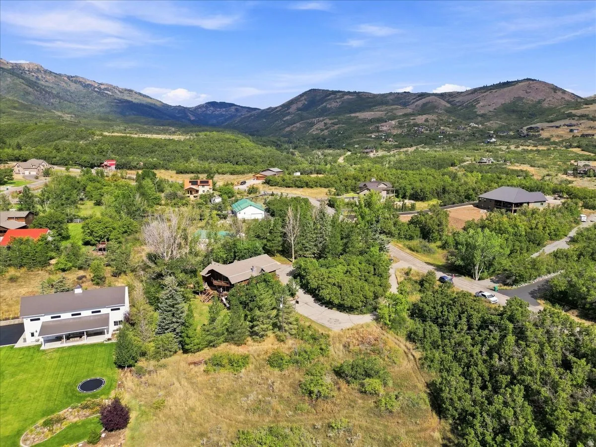 Expansive mountain landscape with diverse foliage, featuring multiple residential properties