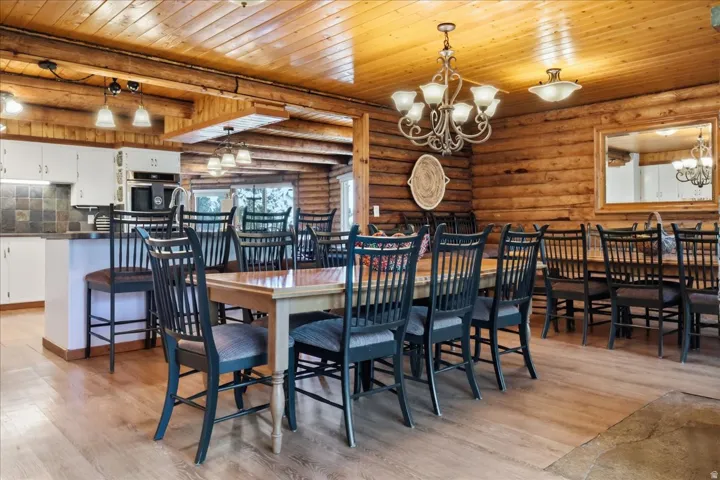 Exposed log walls, wood-paneled ceiling, wood-finish flooring, kitchen island with built-in seating, and tile backsplash