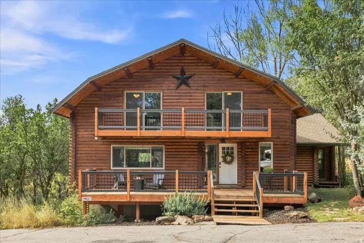 Log cabin exterior with a pitched roof, featuring two prominent balconies with wood railings