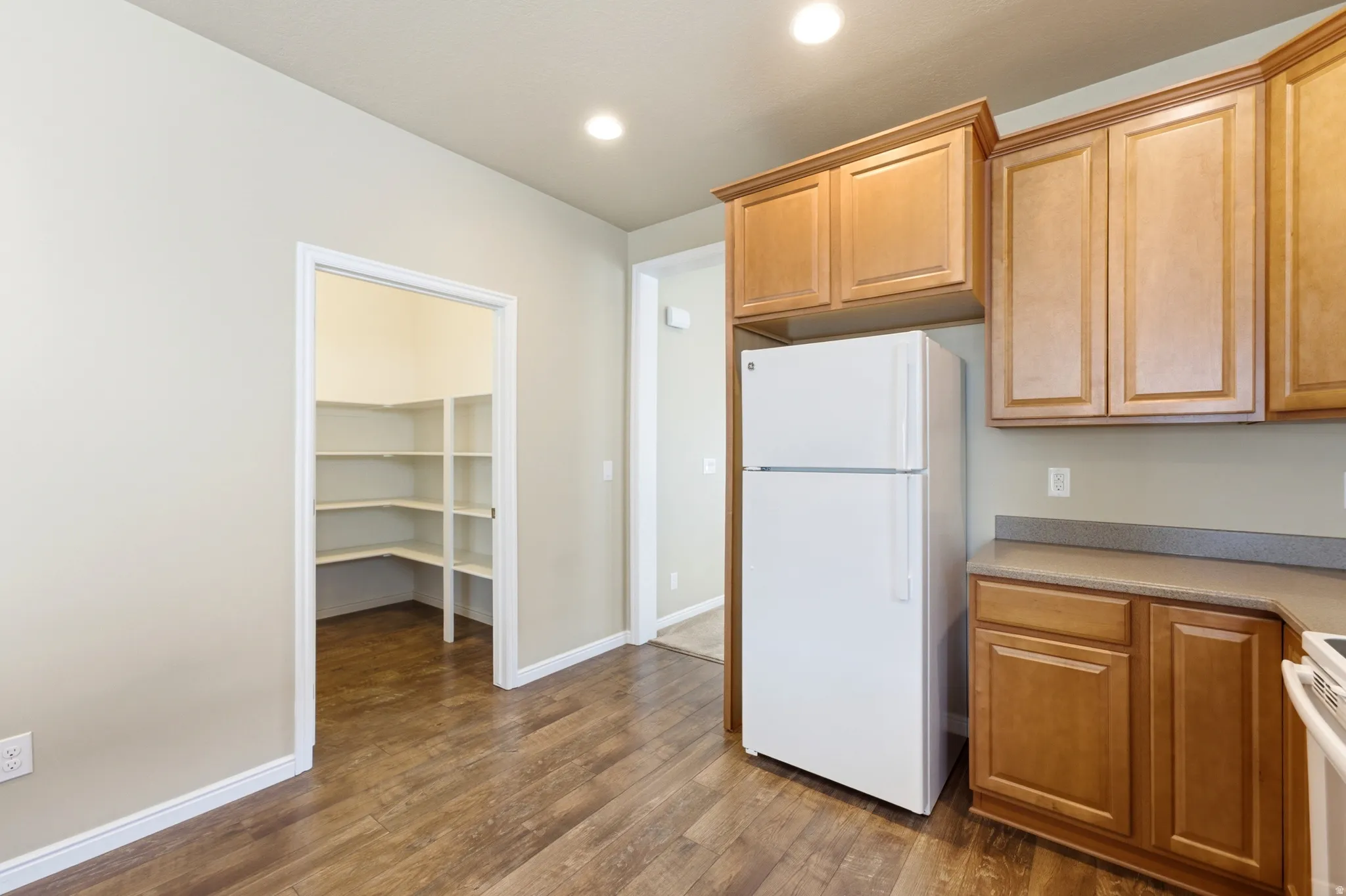 Kitchen featuring wood-finish flooring, recessed lighting, wood cabinetry, stone-look countertops, and a walk-in pantry with built-in shelving