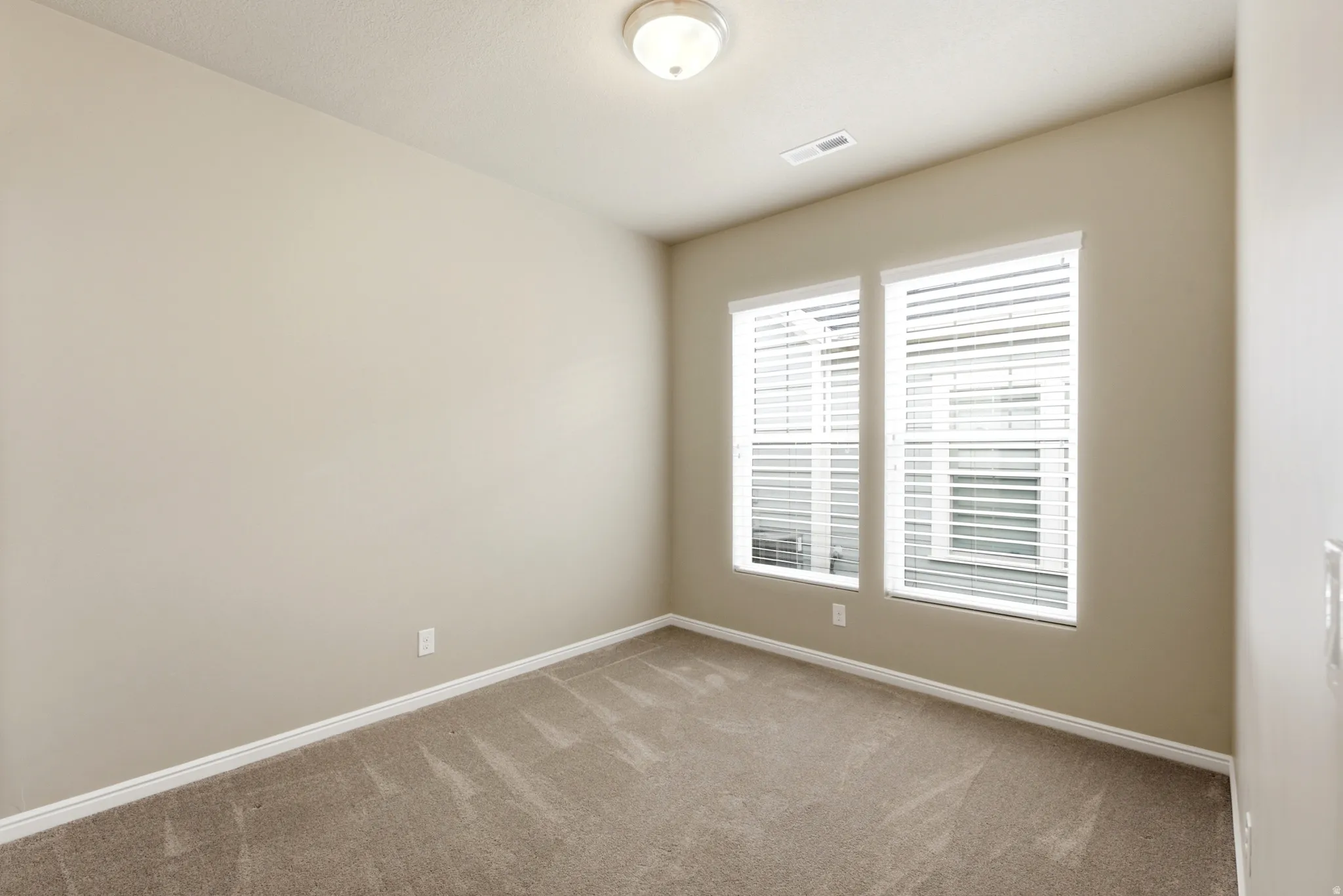 Carpeted room featuring two window units with blinds and a flush mount ceiling light