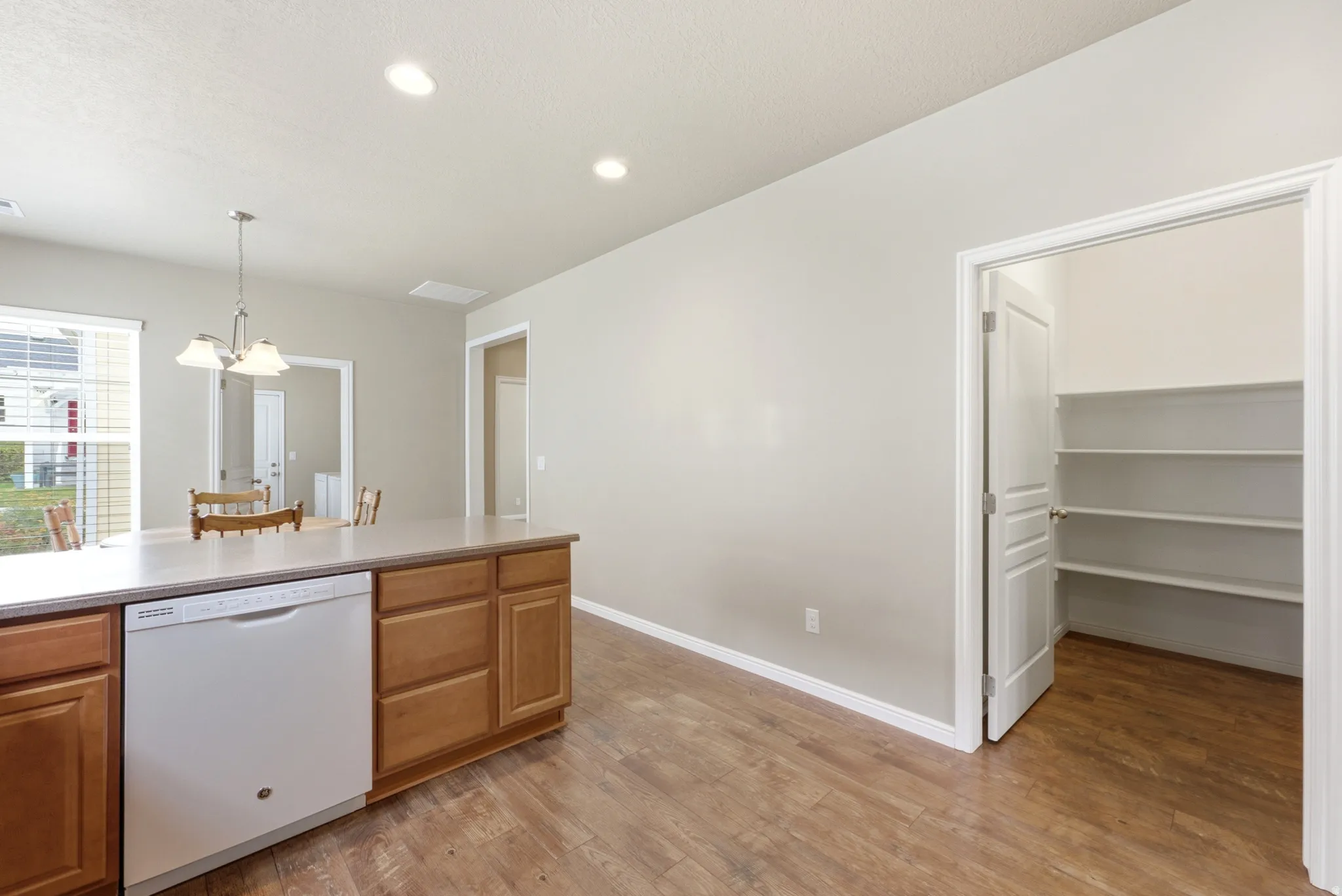 Kitchen island with integrated dishwasher, wood-finish flooring, recessed lighting, and a pantry with built-in shelving