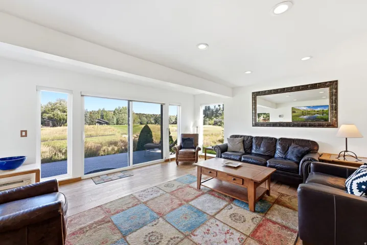 Wood-finish flooring, recessed lighting, and a large sliding glass door with expansive glass panels