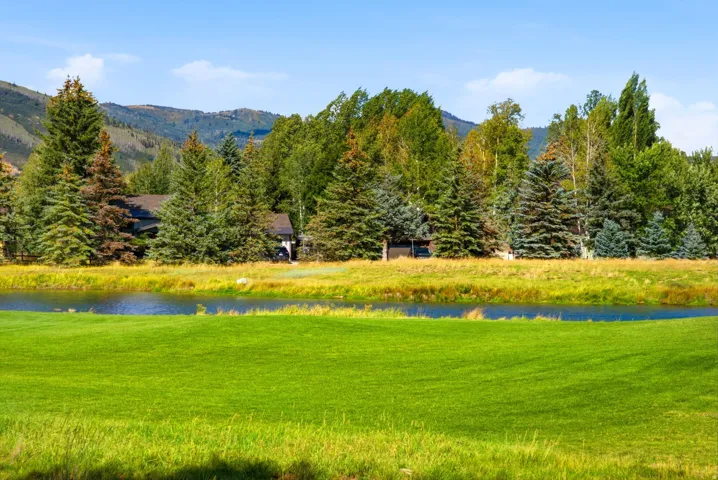 Manicured green space with a water feature, bordered by mature trees and distant mountains