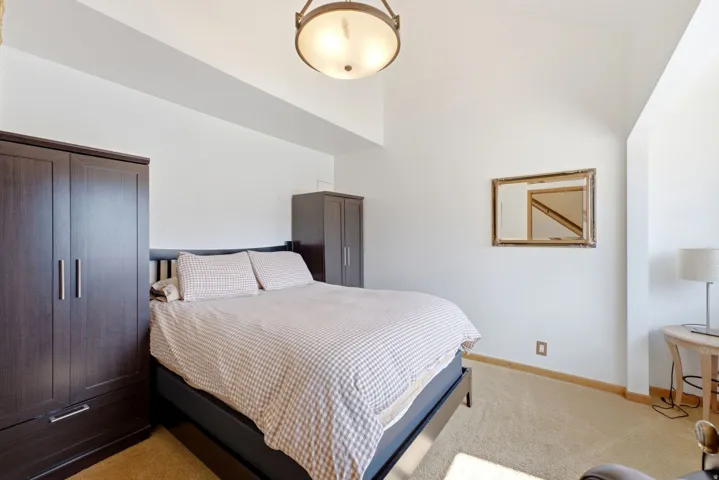 Vaulted ceilings, mounted ceiling light fixture, and light-toned carpet flooring