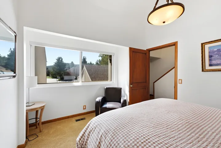 Recessed window with expansive glass, warm wood-finish door, overhead dome light fixture, and plush carpeting
