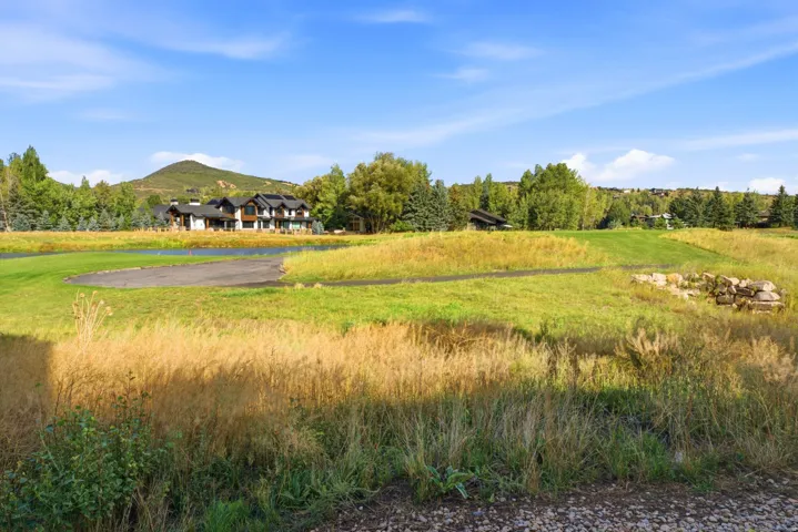 Expansive open lot with a mix of manicured and natural landscaping, surrounded by mature trees