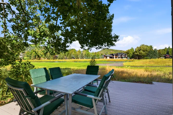 Expansive outdoor deck with composite decking, mature trees providing natural shade, and a landscape featuring a lush green field and distant structures