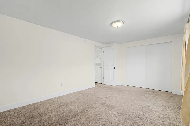 Carpeted flooring, white walls, white trim, overhead lighting, and white sliding closet doors