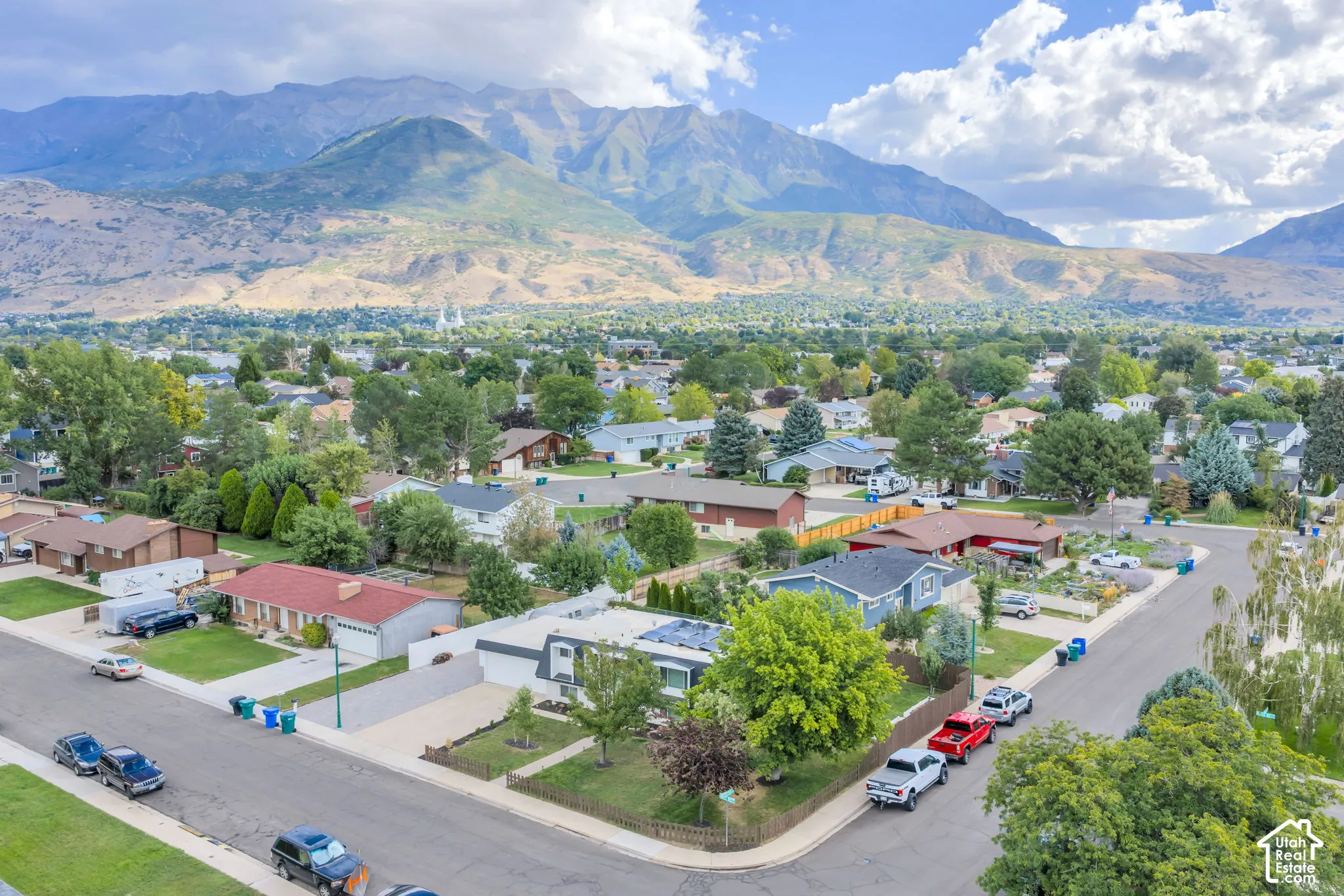 Residential neighborhood featuring mature trees and mountain scenery