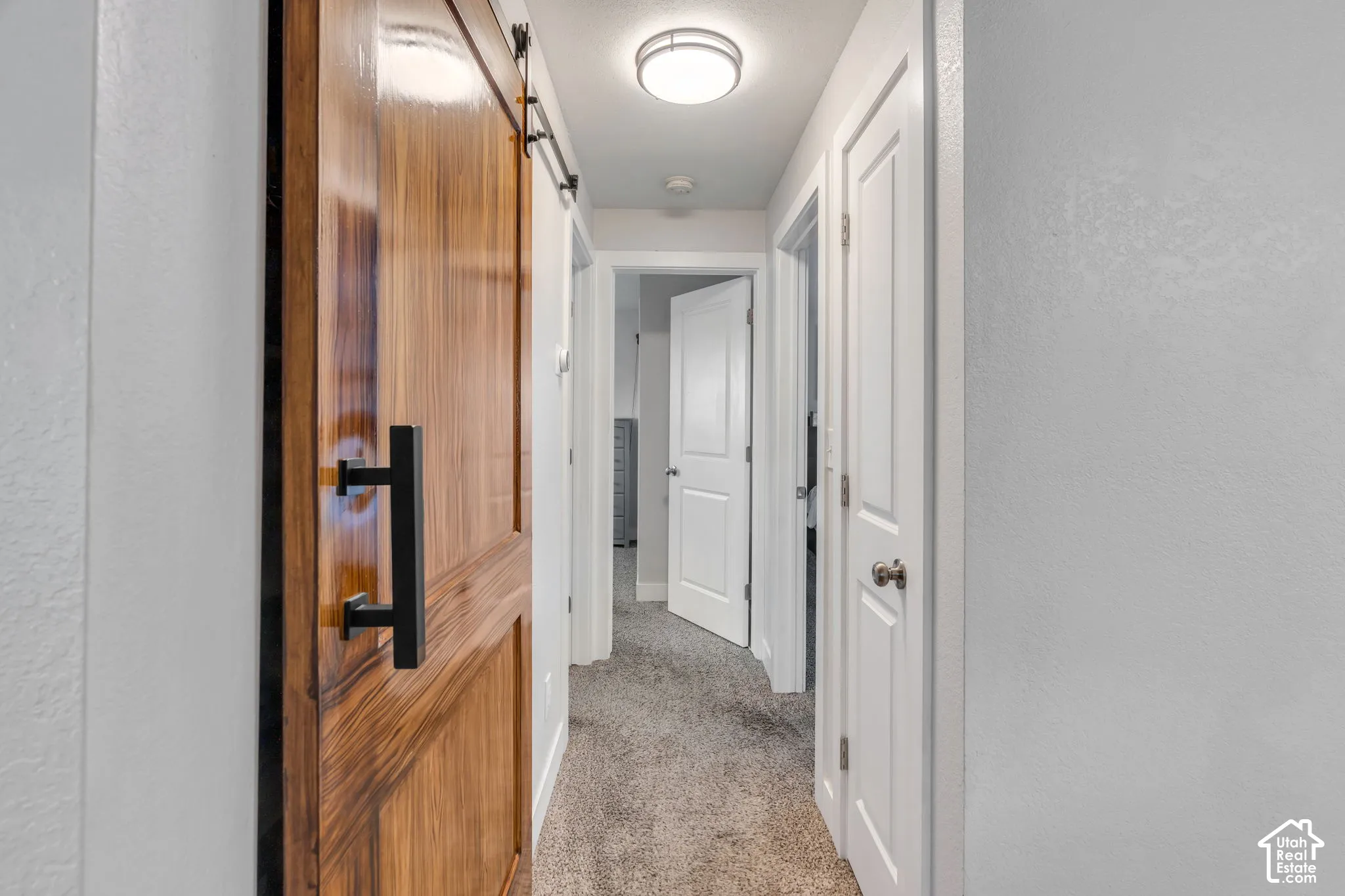 Hallway featuring a wood-finish barn door with a matte black handle, neutral carpeting, and recessed lighting