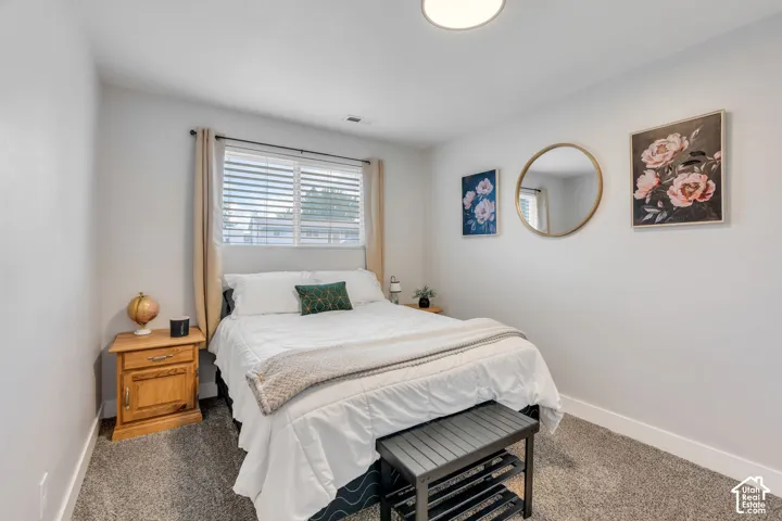 Light gray walls, carpeted flooring, and a flush-mount ceiling light