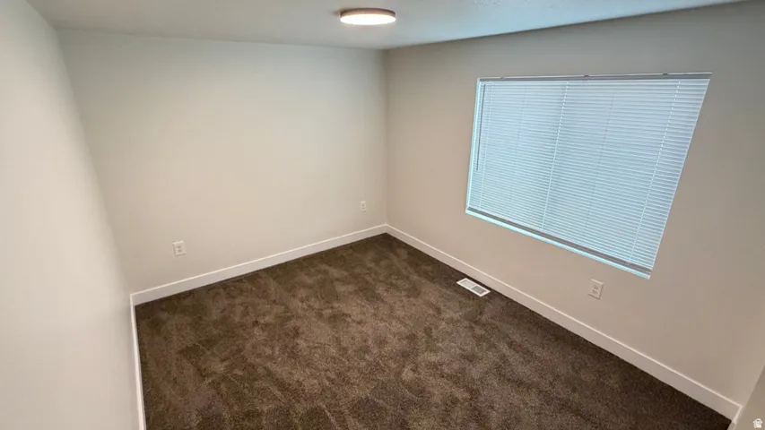 Carpeted flooring, window with blinds, ceiling-mounted light fixture, and neutral wall paint