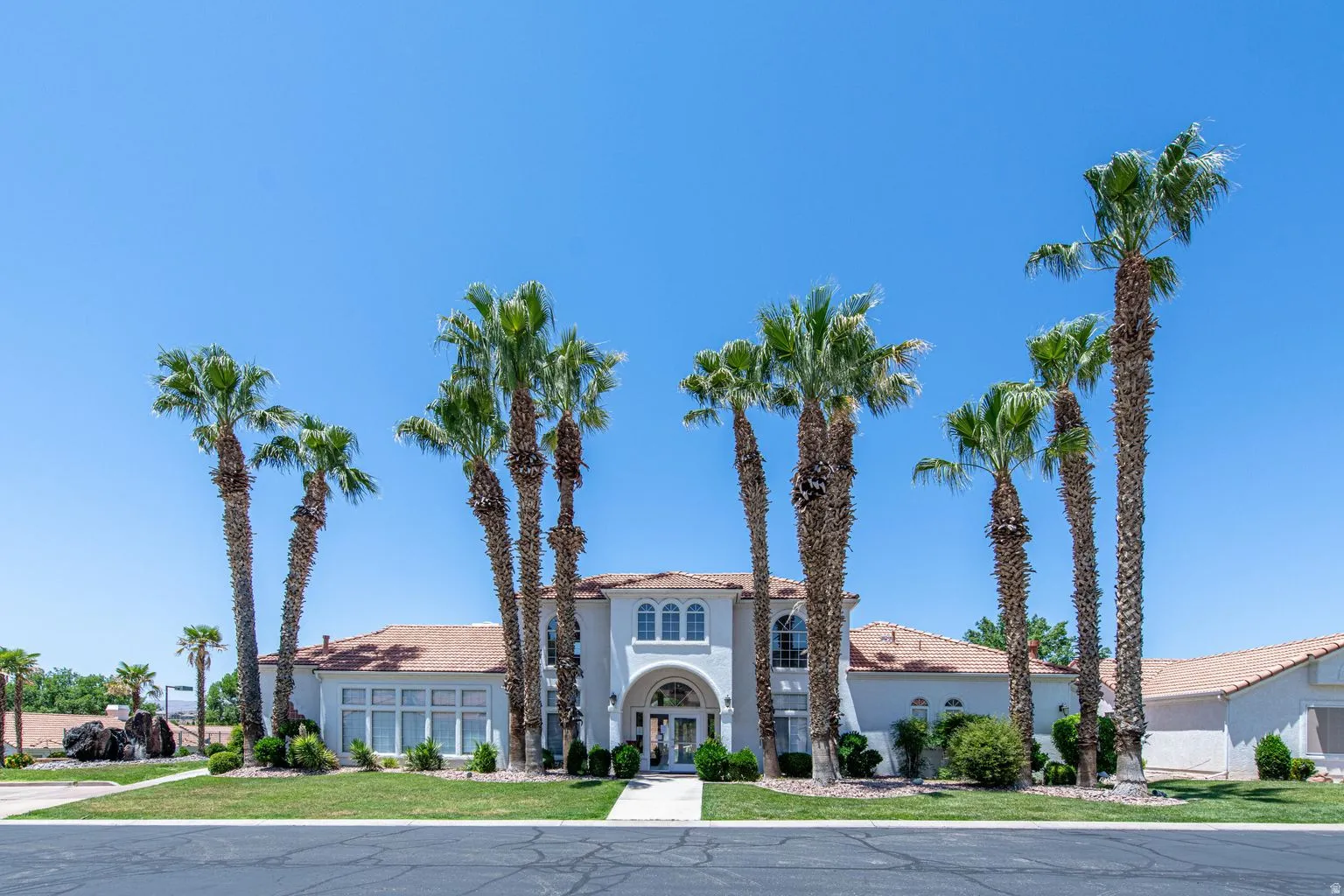 Stucco exterior with a tiled roof, arched entry, tall palm trees, manicured lawn, and a paved walkway