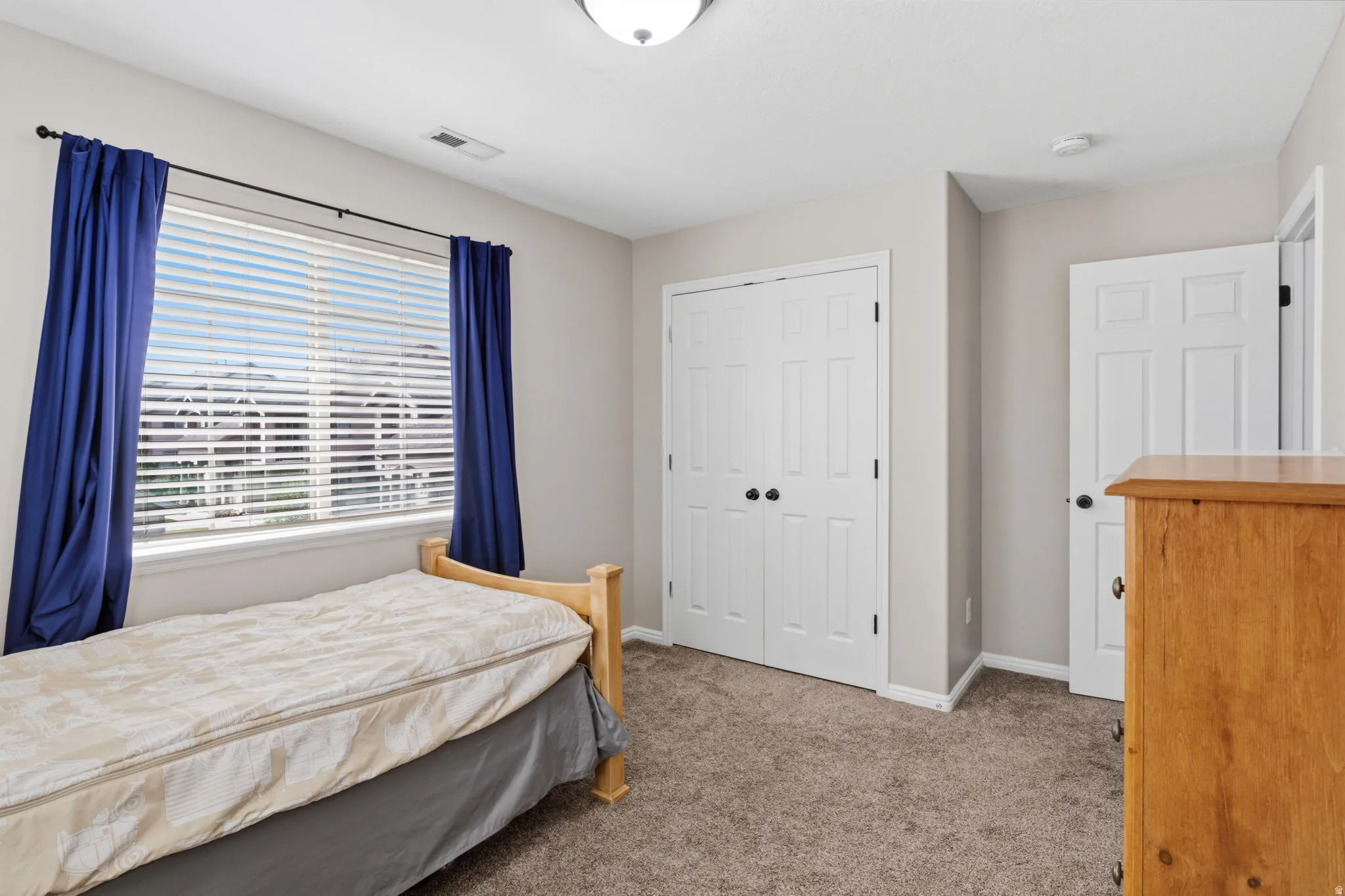 Carpeted flooring, window with horizontal blinds, overhead light fixture, and two panel doors